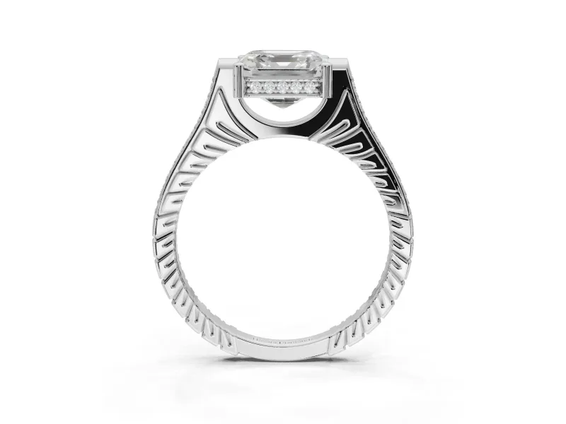 Asscher Cut Vintage Cathedral Engagement Ring Setting | Carved Band | White Gold
