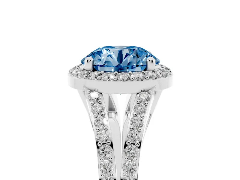 Round Halo Engagement Ring Setting for a Fancy Blue Lab-Grown Diamond | Pave Split Shank | Platinum