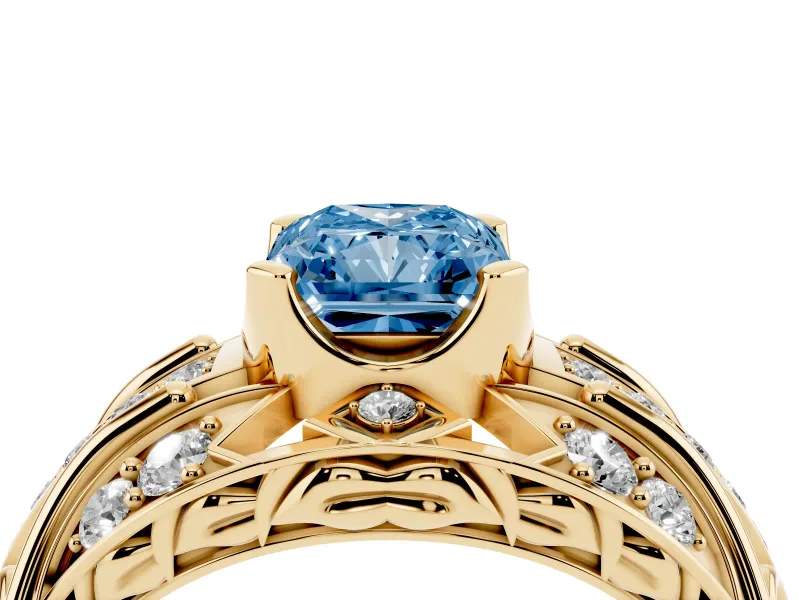 Radiant Cut Art Deco Engagement Ring Setting for a Fancy Blue Lab-Grown Diamond | Yellow Gold