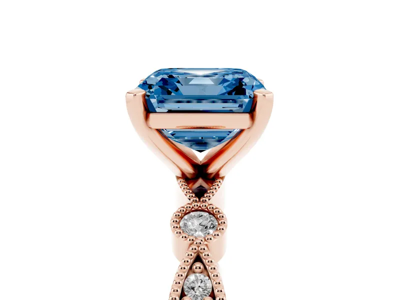 Fancy Blue Asscher Cut Diamond Solitaire Engagement Ring Set in Rose gold with Milgrain Bezel Accent Band