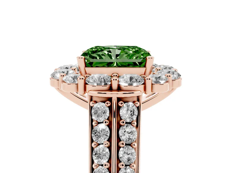 Fancy Green Radiant Cut Diamond Halo Engagement Ring Set in Rose gold with Split Shank and Prong Setting