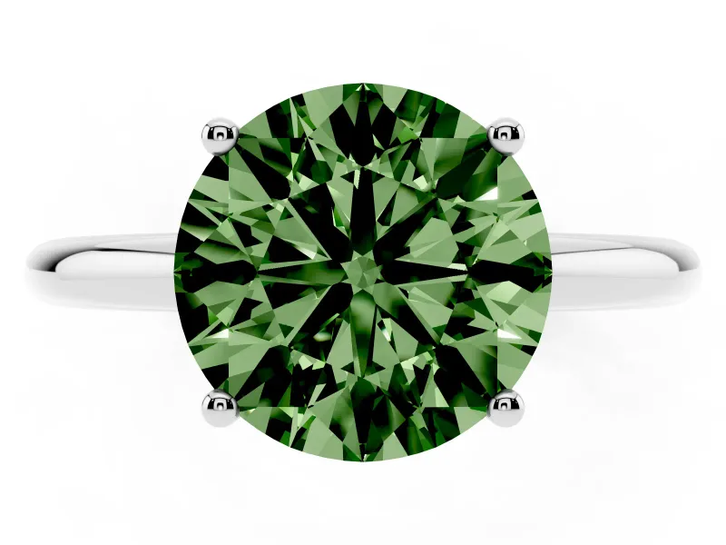 Fancy Green Round Cut Diamond Solitaire Engagement Ring Set in White gold with Prong Setting and Polished Band