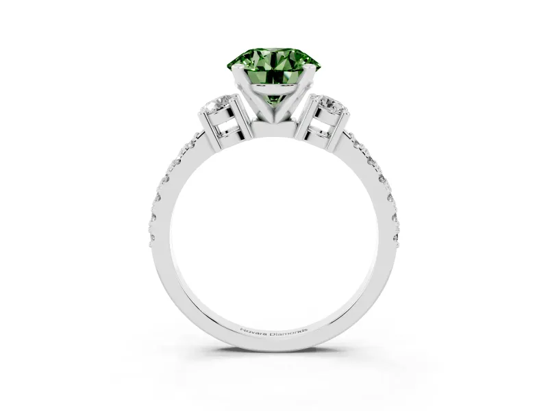 Fancy Green Three-Stone Round Cut Diamond Pavé Band Ring Set in Platinum with Prong Setting