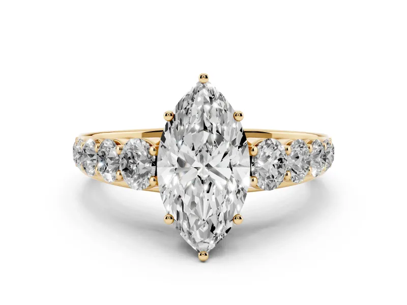 Marquise Cut Diamond Solitaire Ring Set in Yellow gold with Pavé-Set Band and Prong Setting