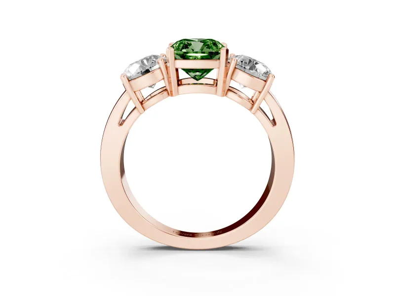 Cushion Cut Three Stone Engagement Ring Setting for a Fancy Green Lab-Grown Diamond | Wide Plain Band | Rose Gold