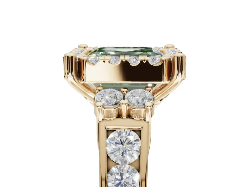 Asscher Cut Halo Engagement Ring Setting for a Fancy Green Lab-Grown Diamond | Graduated Channel Band | Yellow Gold