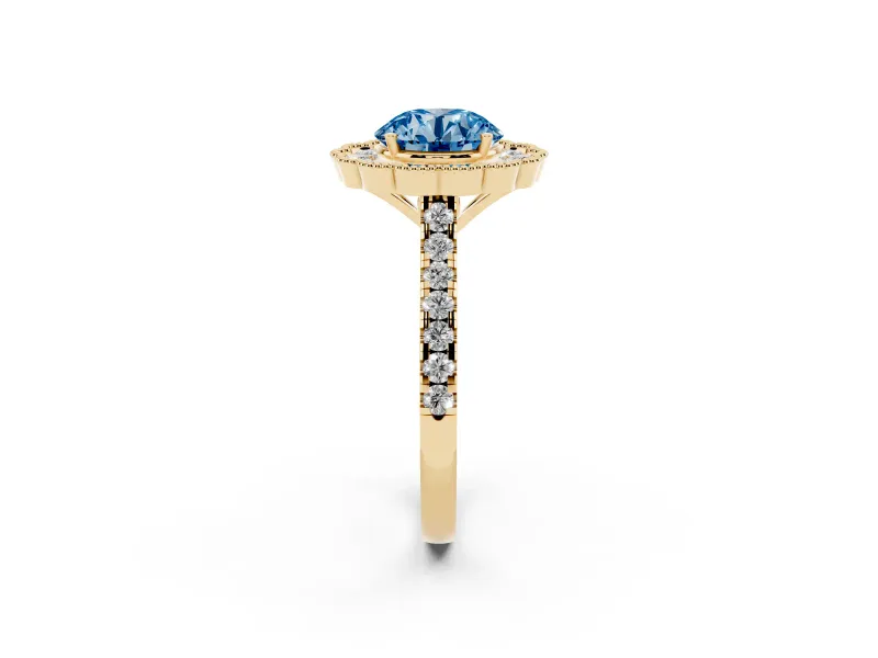 Fancy Blue Round Cut Diamond Milgrain Floral Halo Engagement Ring Set in Yellow gold with Pavé Band