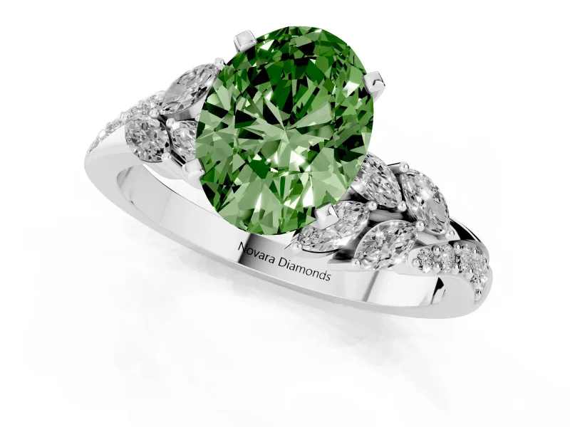 Fancy Green Oval Cut Diamond Solitaire Ring Set in White gold with Marquise Twist Band and Prong Setting