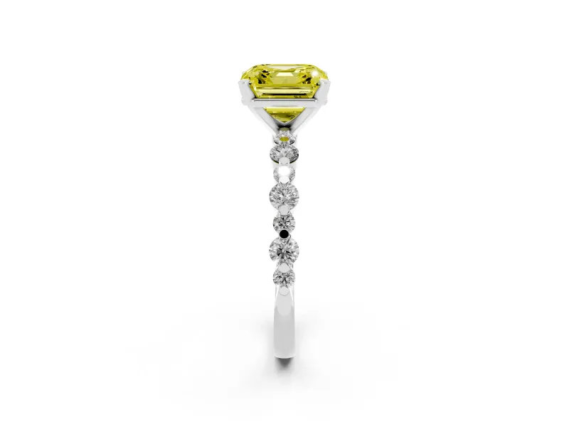 Fancy Yellow Asscher Cut Diamond Prong Set Engagement Ring Set in Silver with Round Accent Pavé Band