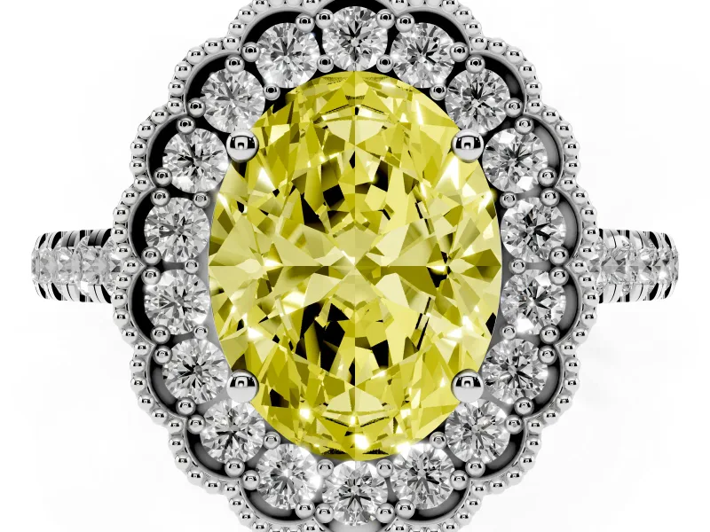 Oval Milgrain Floral Halo Engagement Ring Setting for a Fancy Yellow Lab-Grown Diamond | Pavé Band | Sterling Silver