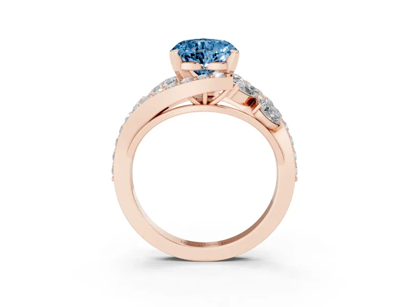 Fancy Blue Heart Cut Diamond Halo Ring Set in Rose gold with Marquise and Pavé Band in Prong Setting