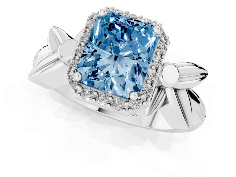 Radiant Cut Floral Halo Engagement Ring Setting for a Fancy Blue Lab-Grown Diamond | Platinum