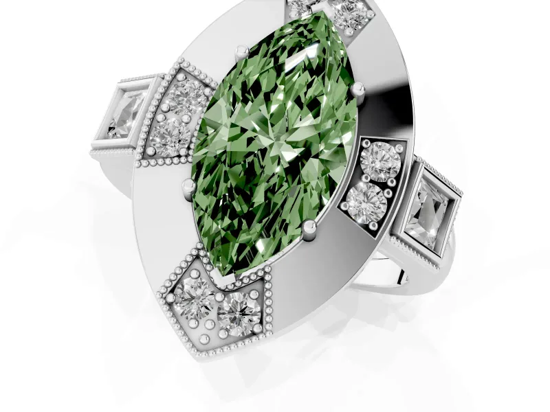 Fancy Green Marquise Cut Diamond Milgrain Halo Ring Set in Platinum with Split Shank