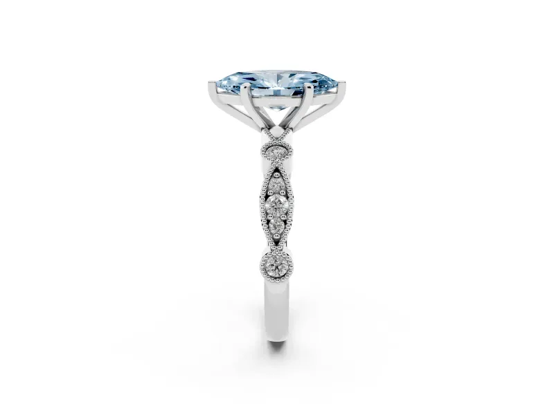 Fancy Blue Marquise Cut Diamond Solitaire Engagement Ring Set in Platinum with Milgrain Bezel Accent Band