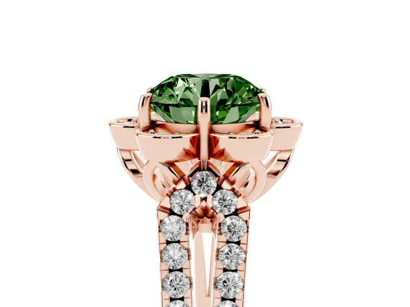 Round Petal Frame Floral Halo Engagement Ring Setting for a Fancy Green Lab-Grown Diamond | Pavé Split Shank | Rose Gold