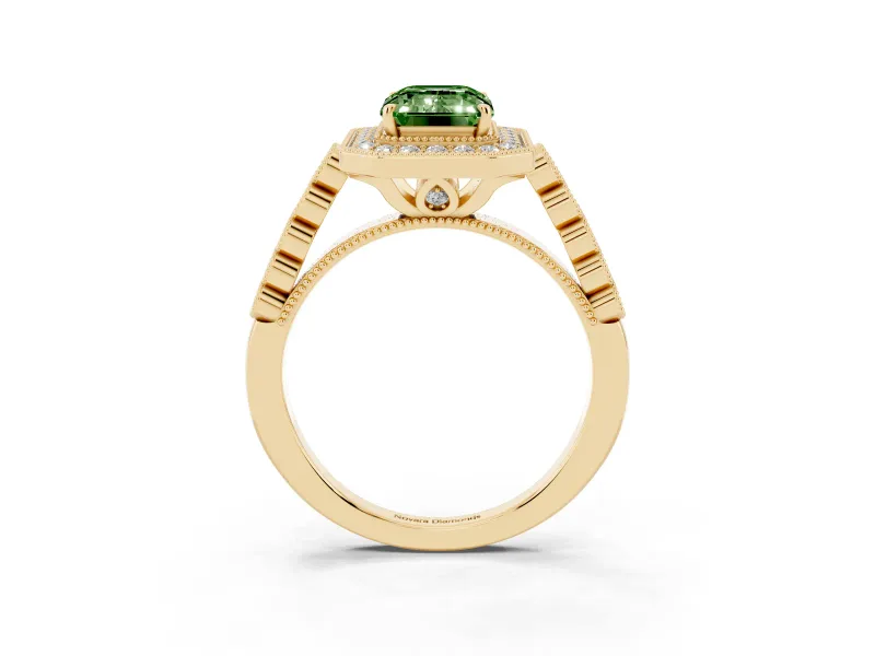 Emerald Cut Graduated Milgrain Halo Engagement Ring Setting for a Fancy Green Lab-Grown Diamond | Yellow Gold