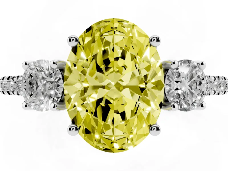 Fancy Yellow Oval Cut Diamond Three-Stone Ring Set in Silver with Pavé Band and Graduated Sides