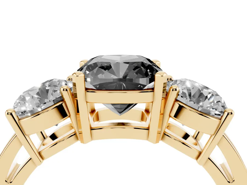 Cushion Cut Three Stone Engagement Ring Setting for a Black Center | Round Side Stones | Yellow Gold