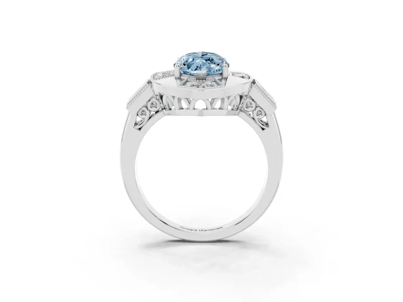 Fancy Blue Marquise Cut Diamond Milgrain Halo Ring Set in Silver with Split Shank