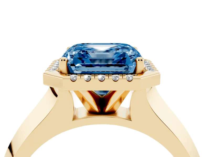 Fancy Blue Asscher Cut Diamond Halo Ring Set in Yellow gold with Cathedral Band and Prong Setting