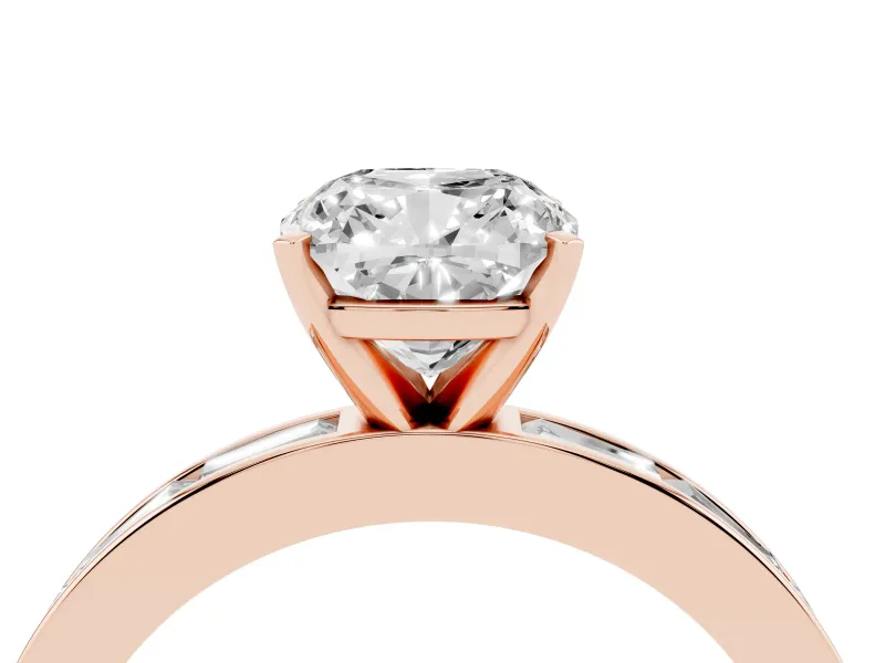 Cushion Cut Diamond Solitaire Ring Set in Rose gold with Channel-Set Baguette Band and Prong Setting