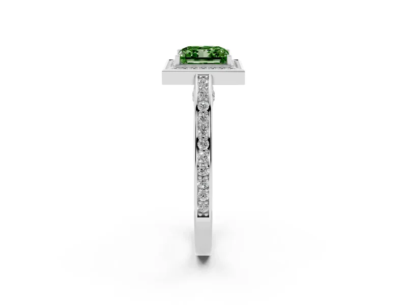 Fancy Green Princess Cut Diamond Halo Pavé Split Shank Ring Set in Silver with Prong Setting