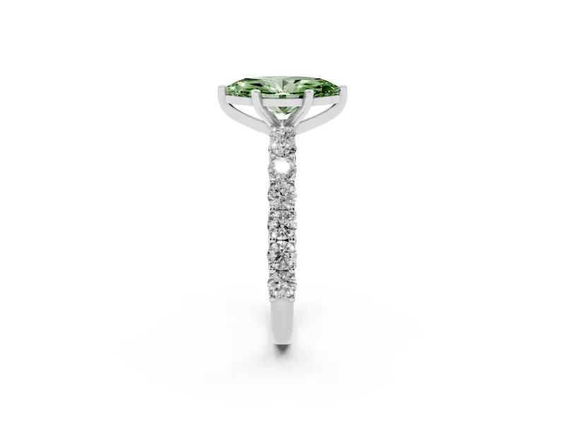 Fancy Green Marquise Cut Diamond Solitaire Ring Set in Platinum with Shared Prong Pavé Band