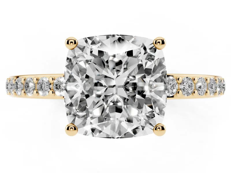 Cushion Cut Diamond Pavé Band Ring Set in Yellow gold with Prong-Set Center Stone