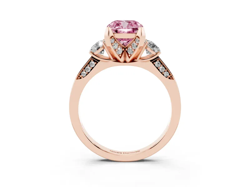 Cushion Cut Hidden Halo Three Stone Engagement Ring Setting for a Fancy Pink Lab-Grown Diamond | Rose Gold