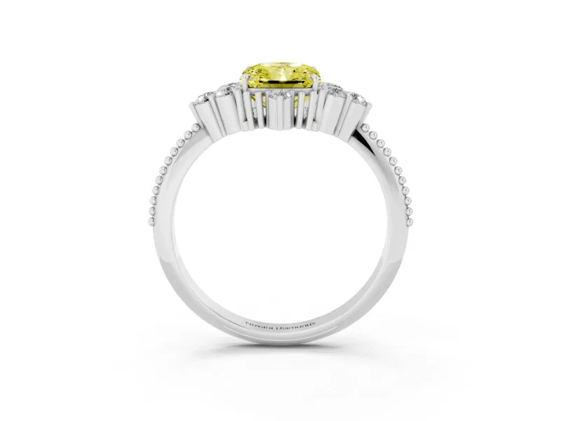 Fancy Yellow Radiant Cut Diamond Cluster Ring Set in Platinum with Beaded Band