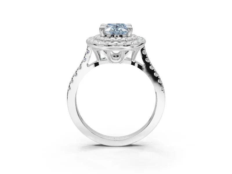 Fancy Blue Oval Lab-Grown Diamond Double Halo Statement Ring Set in Sterling Silver with Pavé Band