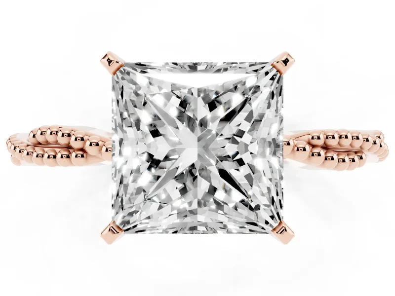 Princess Cut Diamond Solitaire Ring Set in Rose gold with Twisted Band and Bead Prong Setting
