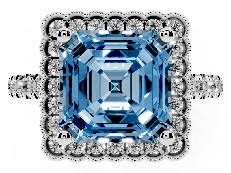 Fancy Blue Asscher Cut Diamond Milgrain Floral Halo Engagement Ring Set in Silver with Pavé Band