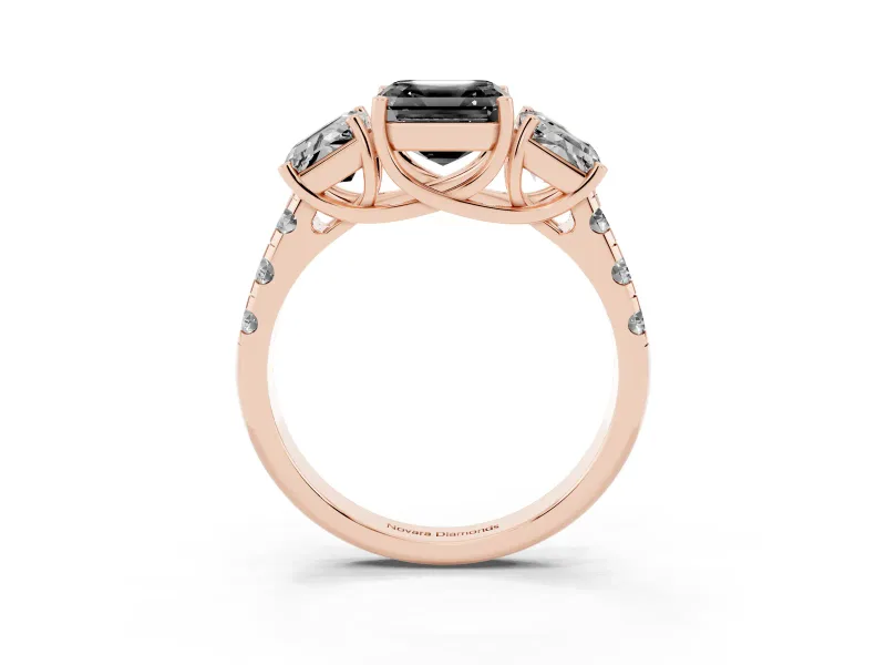 Asscher Cut Three Stone Engagement Ring Setting for a Black Center | Accented Shoulders | Rose Gold