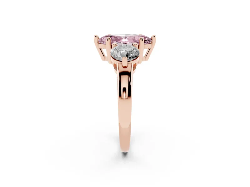 Fancy Pink Marquise Cut Diamond Three-Stone Ring Set in Rose gold with Prong Setting and Classic Band
