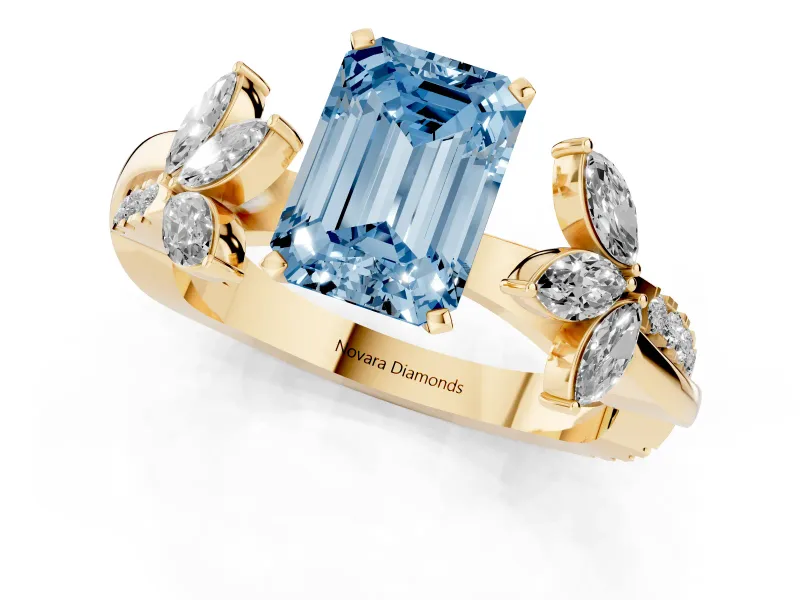 Emerald Cut Floral Vine Engagement Ring Setting for a Fancy Blue Lab-Grown Diamond | Yellow Gold