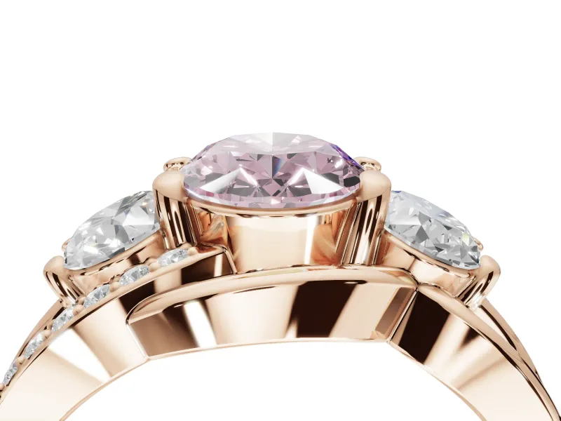 Oval Three Stone Split Shank Engagement Ring Setting for a Fancy Pink Lab-Grown Diamond | Matching Sides | Rose Gold