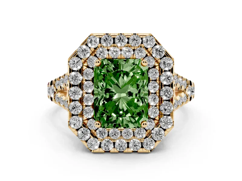 Fancy Green Radiant Cut Diamond Double Halo Ring Set in Yellow gold with Pavé Split Shank and Prong Setting
