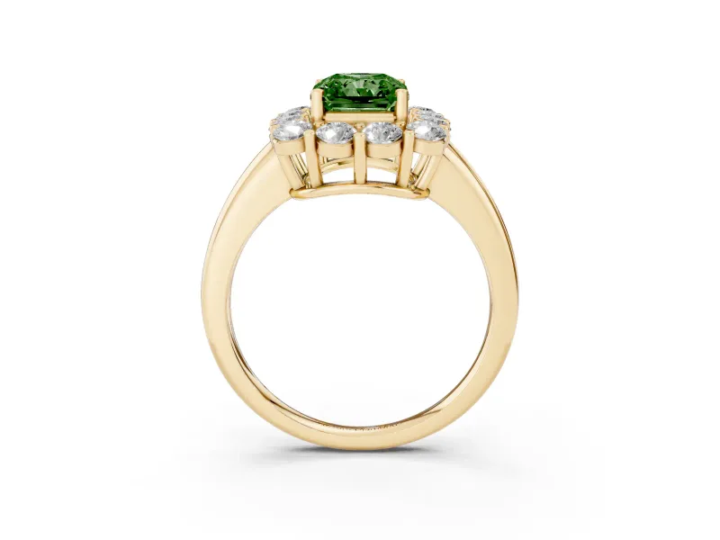 Radiant Cut Cluster Halo Engagement Ring Setting for a Fancy Green Lab-Grown Diamond | Large Round Accents | Yellow Gold