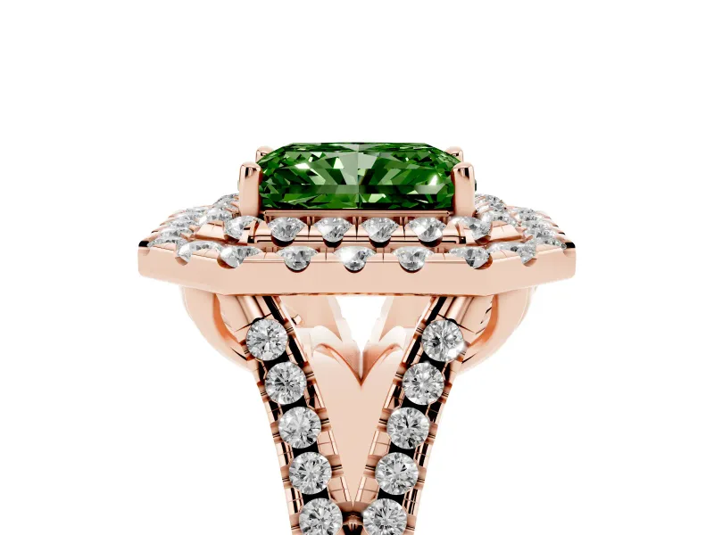 Radiant Cut Halo Split Shank Engagement Ring Setting for a Fancy Green Lab-Grown Diamond | Pavé Strands | Rose Gold