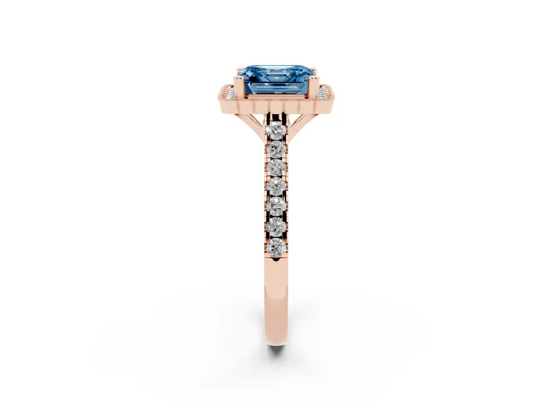 Fancy Blue Asscher Cut Diamond Milgrain Floral Halo Engagement Ring Set in Rose gold with Pavé Band
