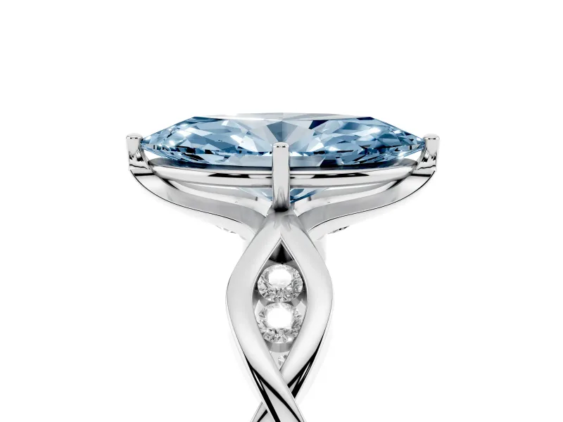 Fancy Blue Marquise Cut Diamond Twist Band Solitaire Ring Set in Silver with Leaf Prong Setting and Accent Stones