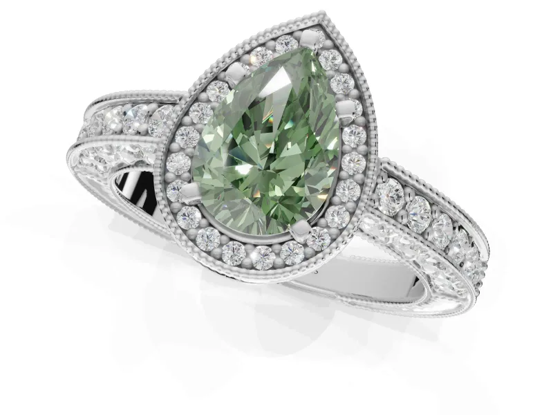 Pear-Shaped Milgrain Halo Engagement Ring Setting for a Fancy Green Lab-Grown Diamond | Wide Pavé Band | White Gold
