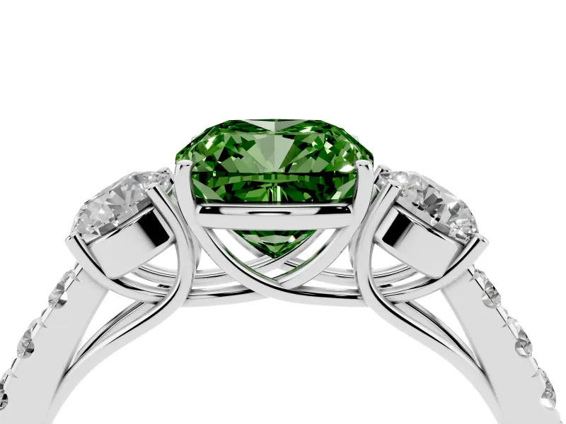 Fancy Green Cushion Cut Diamond Three-Stone Ring Set in Platinum with Round Side Stones and Delicate Pavé Band