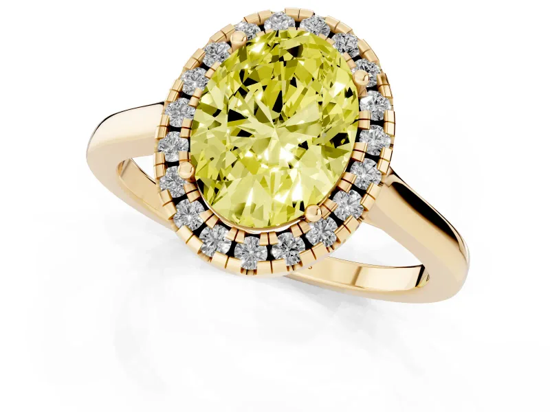 Fancy Yellow Oval Cut Halo Round Diamond Solitaire Ring Set in Yellow gold with Pavé Band and Prong Setting