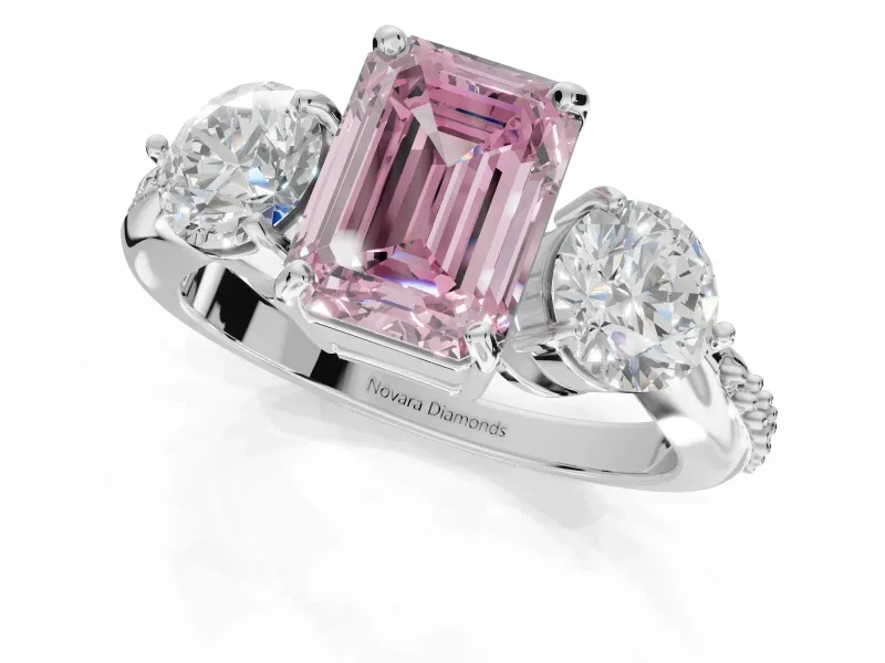 Emerald Cut Three Stone Engagement Ring Setting for a Fancy Pink Lab-Grown Diamond | Tapered Pave Band | White Gold