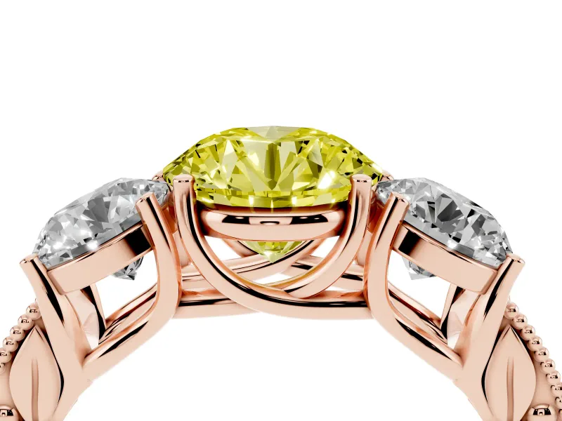 Round Vintage Three Stone Engagement Ring Setting for a Fancy Yellow Lab-Grown Diamond | Rose Gold