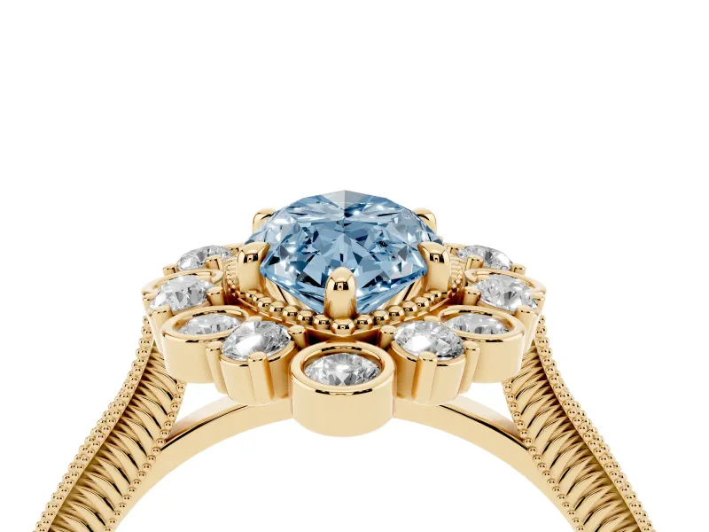 Fancy Blue Marquise Cut Diamond Halo Milgrain Pavé Ring Set in Yellow gold with Prong Setting