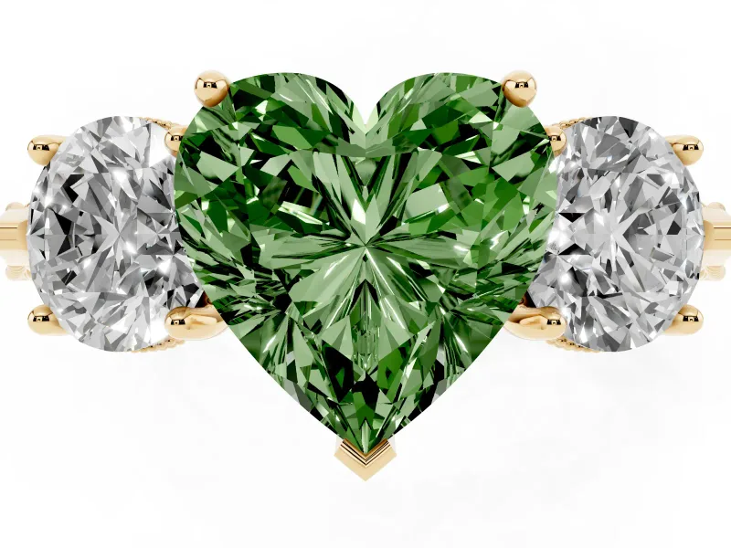 Fancy Green Heart Cut Diamond Three-Stone Ring Set in Yellow gold with Milgrain Band