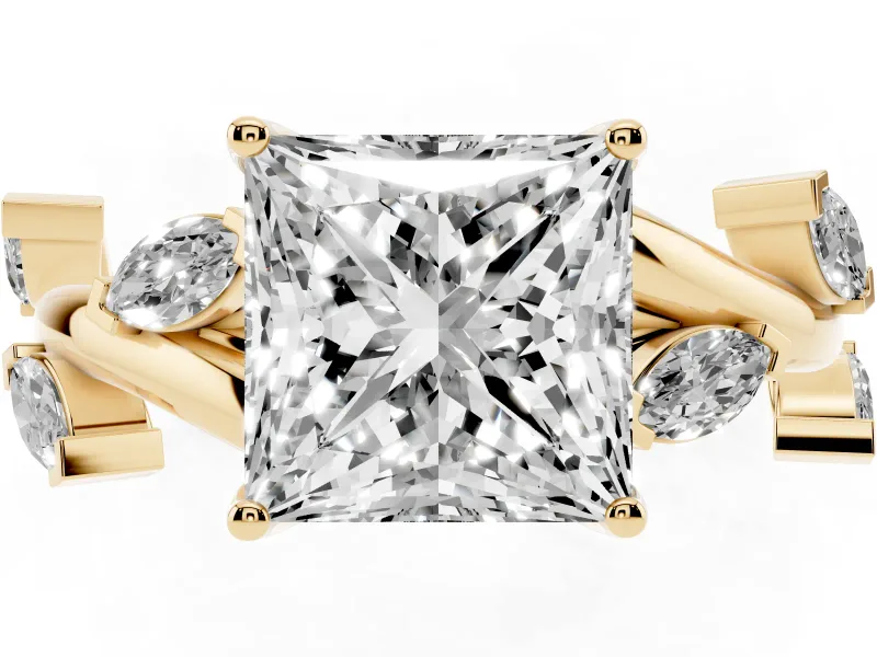 Princess Cut Twisted Vine Engagement Ring Setting | Marquise Side Stones | Yellow Gold